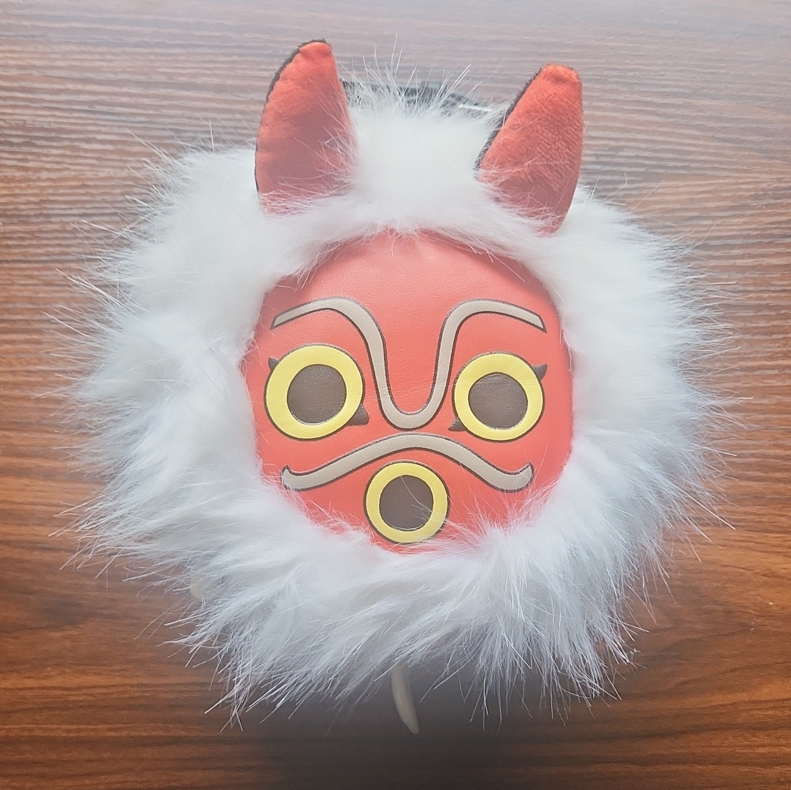 Small Round Orange/White Forest Spirit Face Crossbody, Faux Fur Trim, Zip