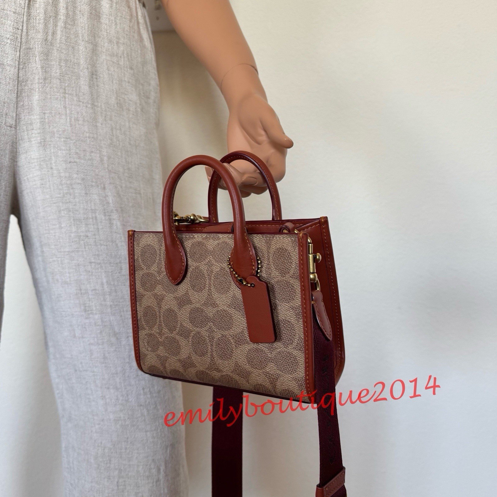 NWT Coach CT891 Ace Tote Bag 17 In Signature Canvas Crossbody Tan Rust Leather