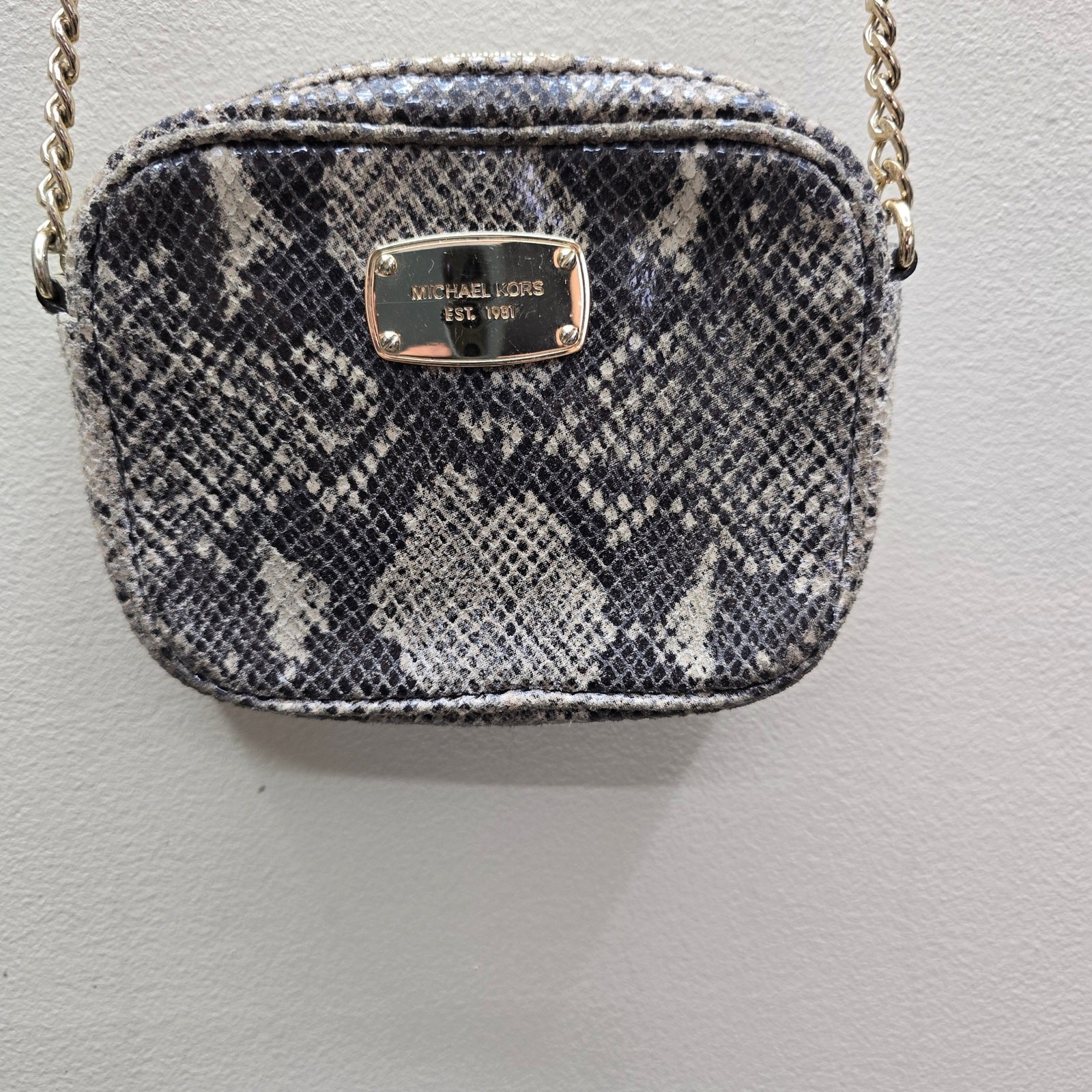 Michael Kors Snake/Python Print Leather Small Crossbody Purse Chain Detail Gray