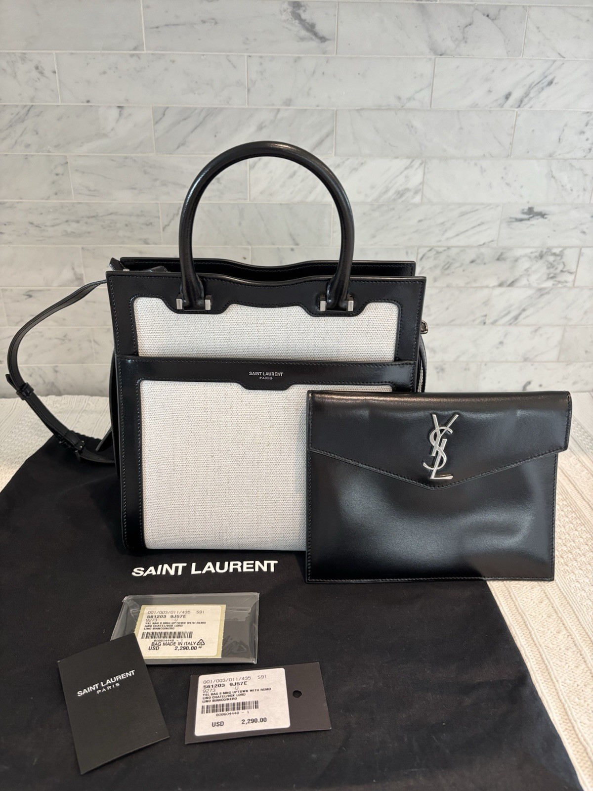 YSL Saint Laurent Uptown NWT Linen & Black Leather Mini With Removable Pouch