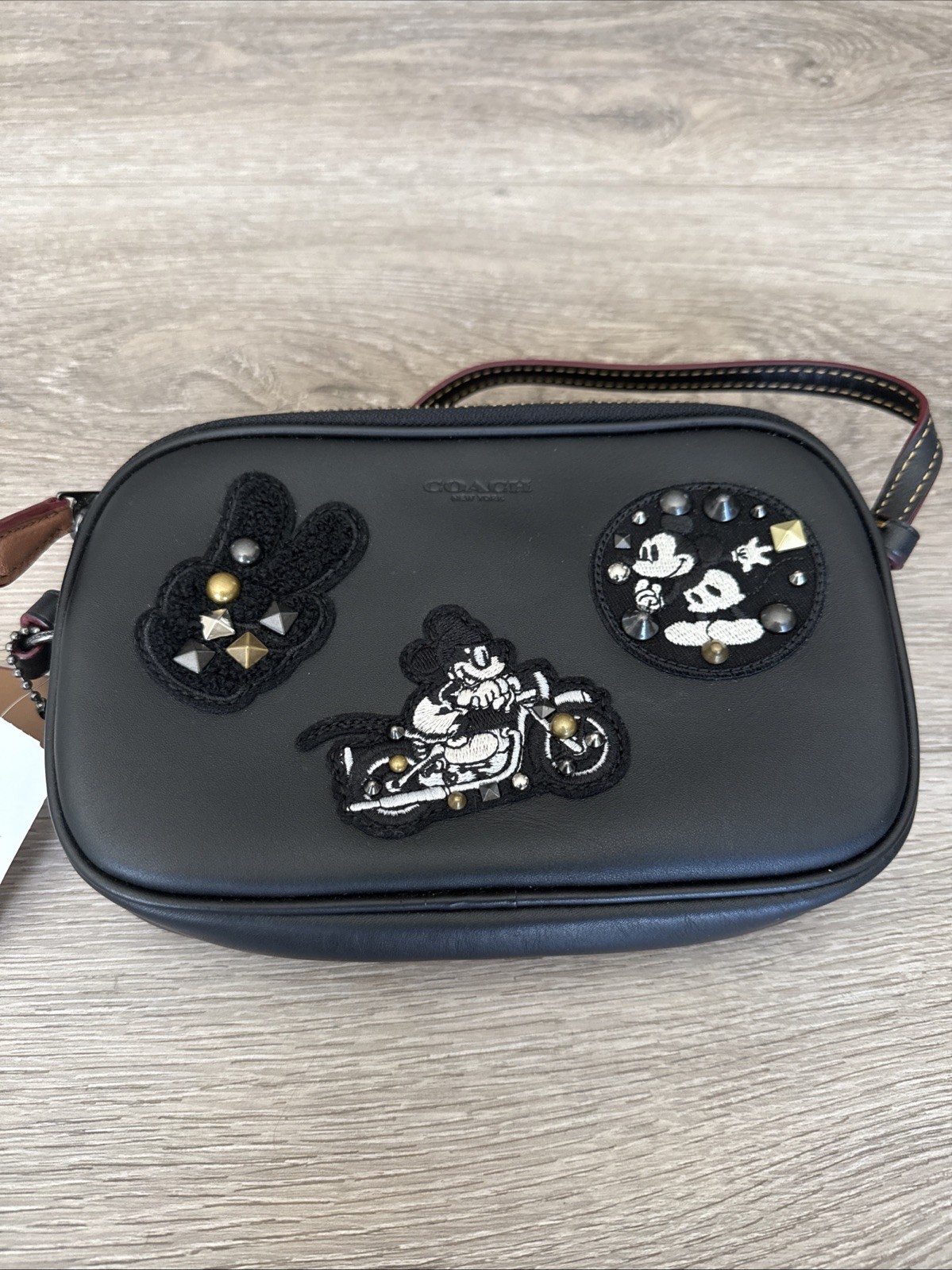 NWT Coach X Disney F59532 Mickey Biker Patches Crossbody Pouch Leather Black