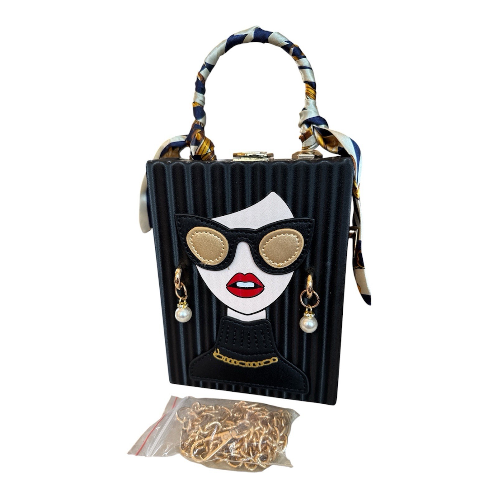 Hard-Shell Vegan Leather Crossbody Purse with “Chic Lady W/ Pearls” Design Black