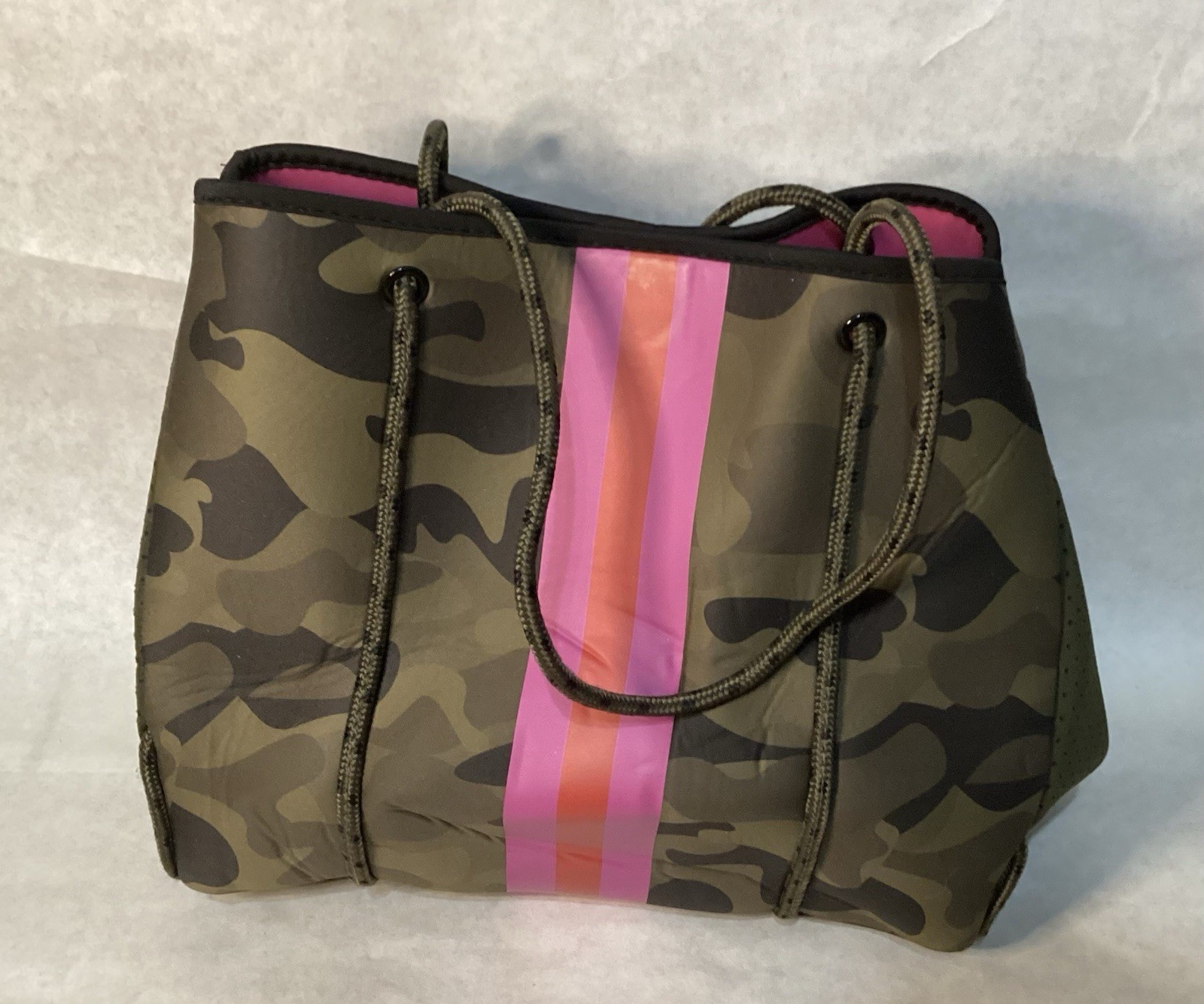 Neoprene Tote Bag Camo Green Pink Orange Stripe Shoulder Handbag