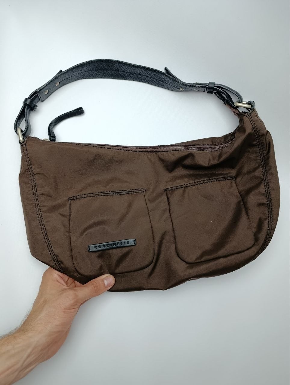Coccinelle Brown Nylon Hobo Shoulder Bag Leather Strap Zip Top