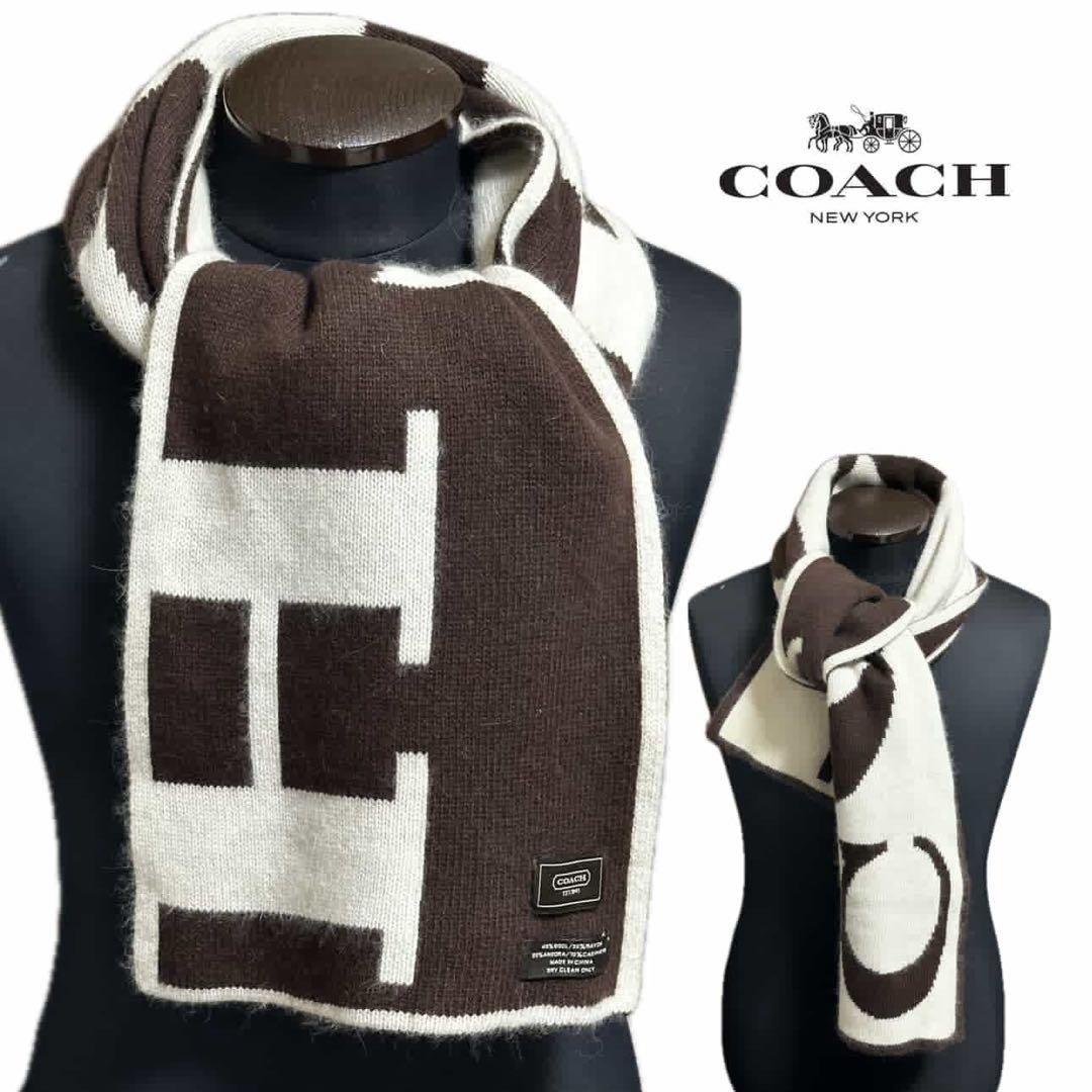 COACH Scarf Signature Wool Cashmere Reversible Brown White Authentic From Japan