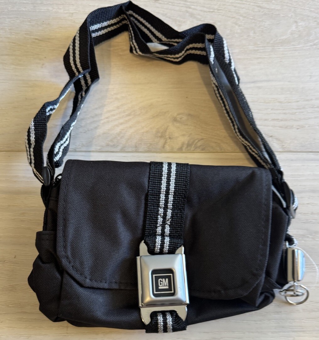 GM Black Buckle-Down Seatbelt Bag Handbag Crossbody Biker Purse NWT