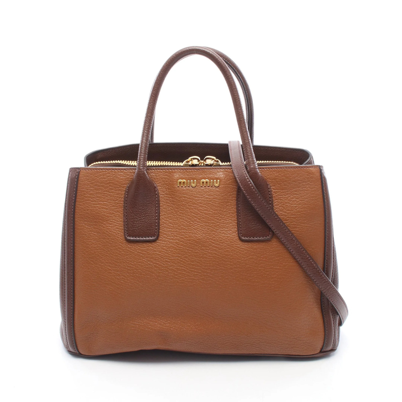 miu miu MADRAS BICOLORE 2WAY Tote Bag Brown Leather #RCB14388