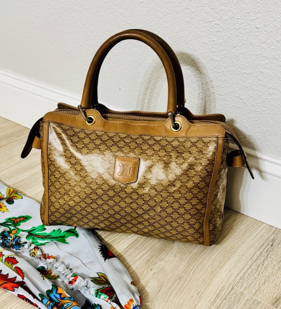 CELINE Tan Brown Coated Canvas Leather Macadam Top Handle Boston Bag Italy Auth.