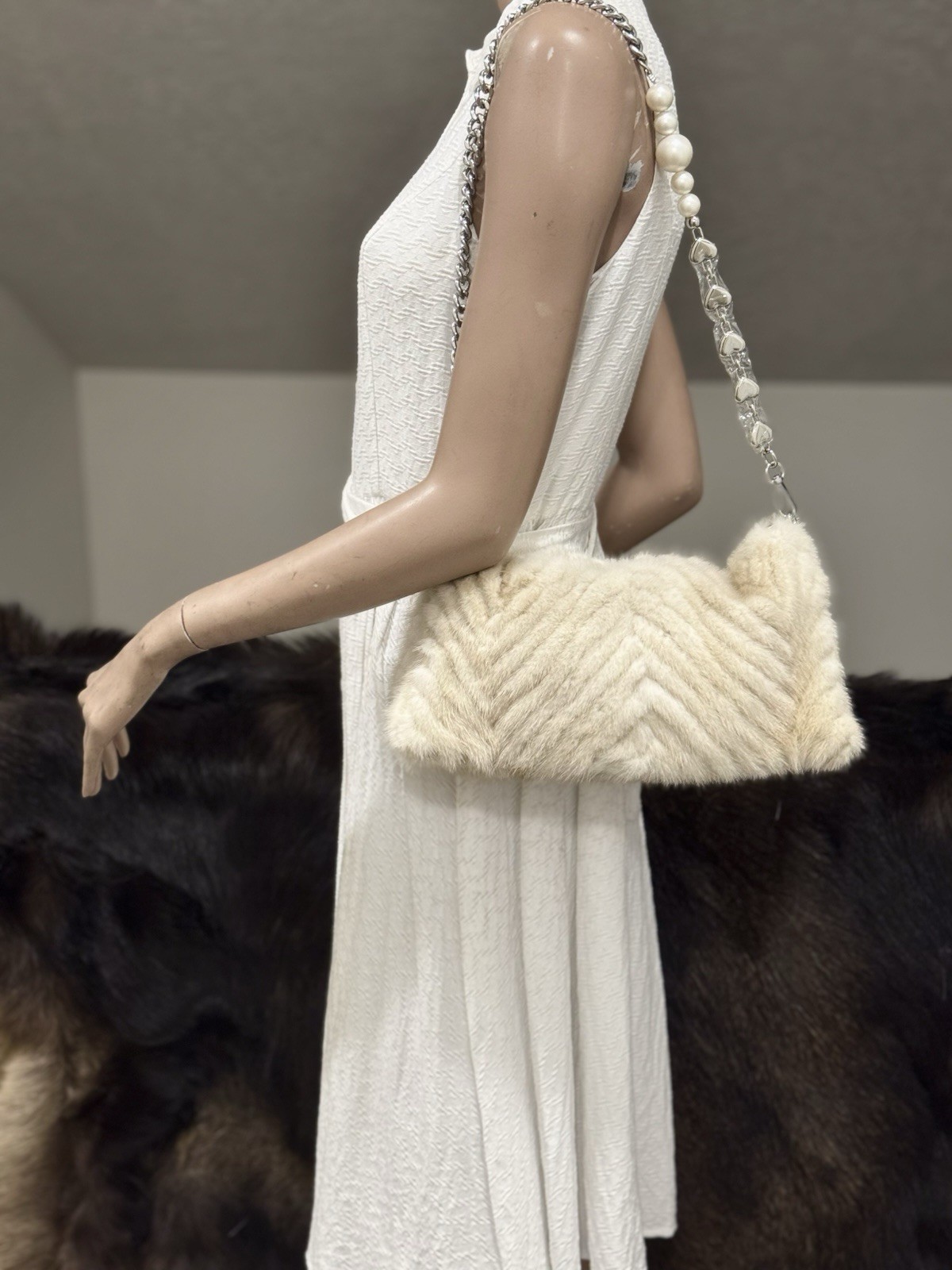 Cream Real Mink Fur Handmade Soft Slouchy Bag/Clutch/Shoulder Bag/Crossbody