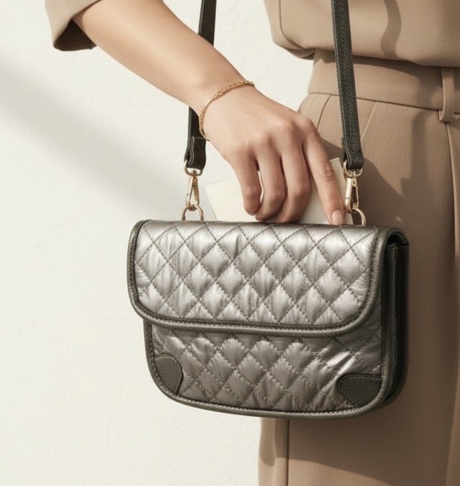 Metallic Gunmetal Gray Quilted Adjustable Shoulder Crossbody Bag NWOT