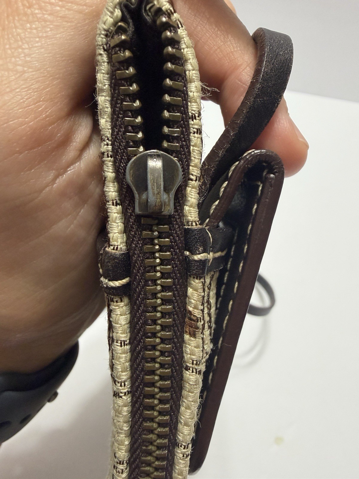Carolina Herrera CH Monogram Crossbody Shoulder Phone Bag Brown Beige Trim