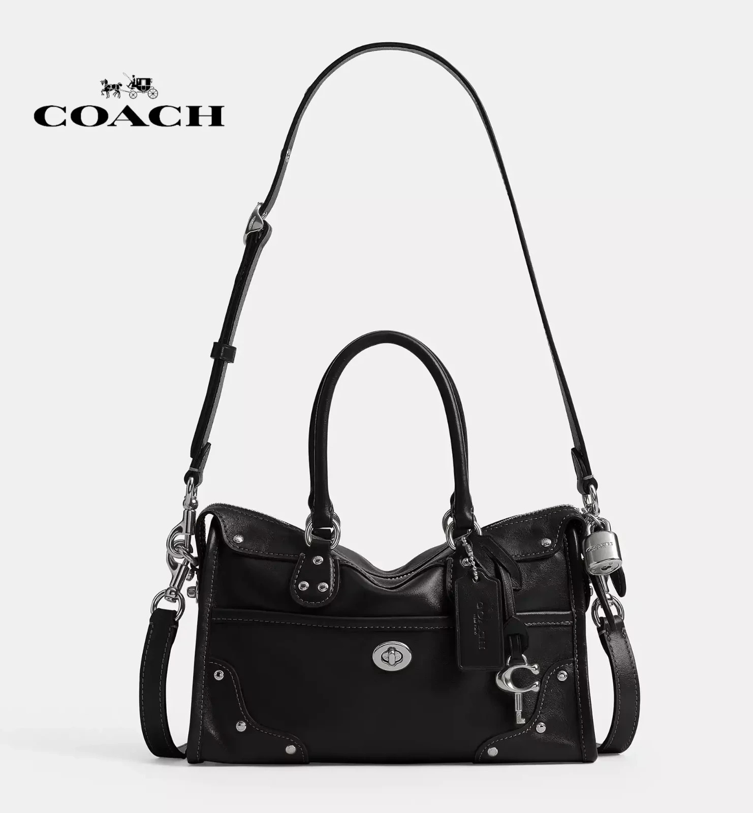COACH Rhyder Satchel Bag 24 CFN69 LHBLK Black Glazed Leather 3way Shoulder Bag