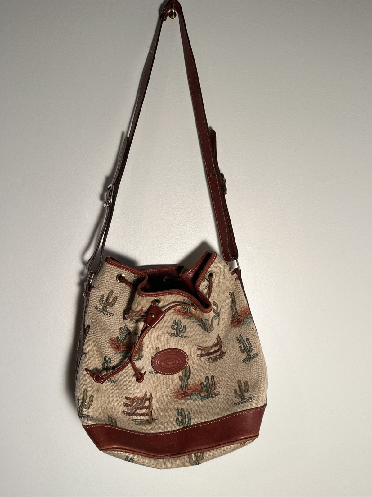 Leather Durban Ranch Cactus/ Western Drawstring Slouch Shoulder Bag