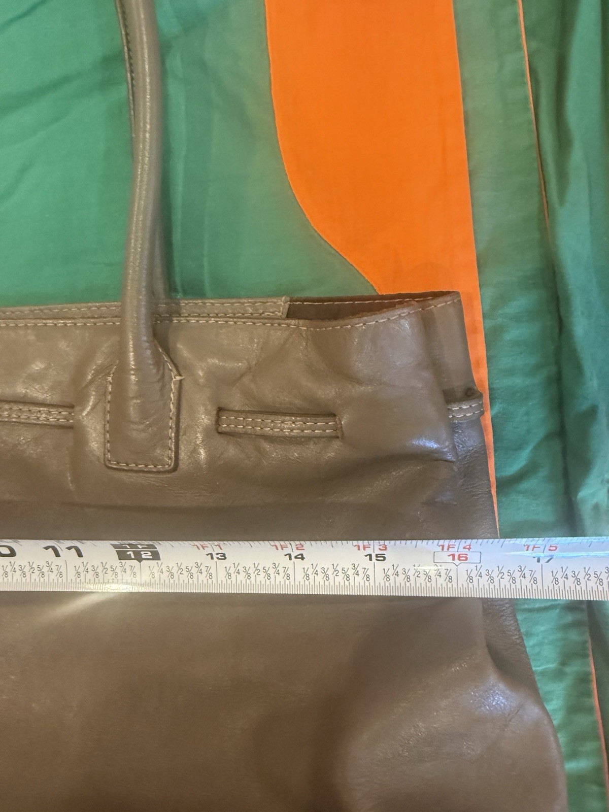 agnes b VOYAGE Khaki LEATHER Structured TOTE Silver O-Ring Detail Made/JAPAN EUC