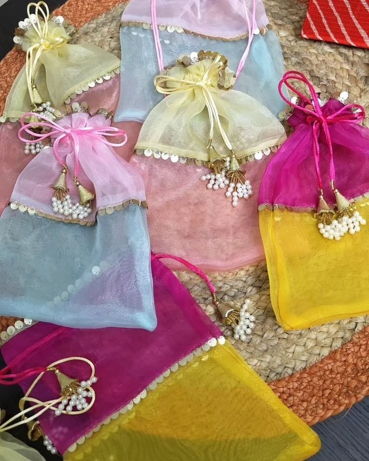 5 Pcs Sequin Organza Potli Bag with Pearl Latkan | 8 x 9.5 Inch Gift & Shagun