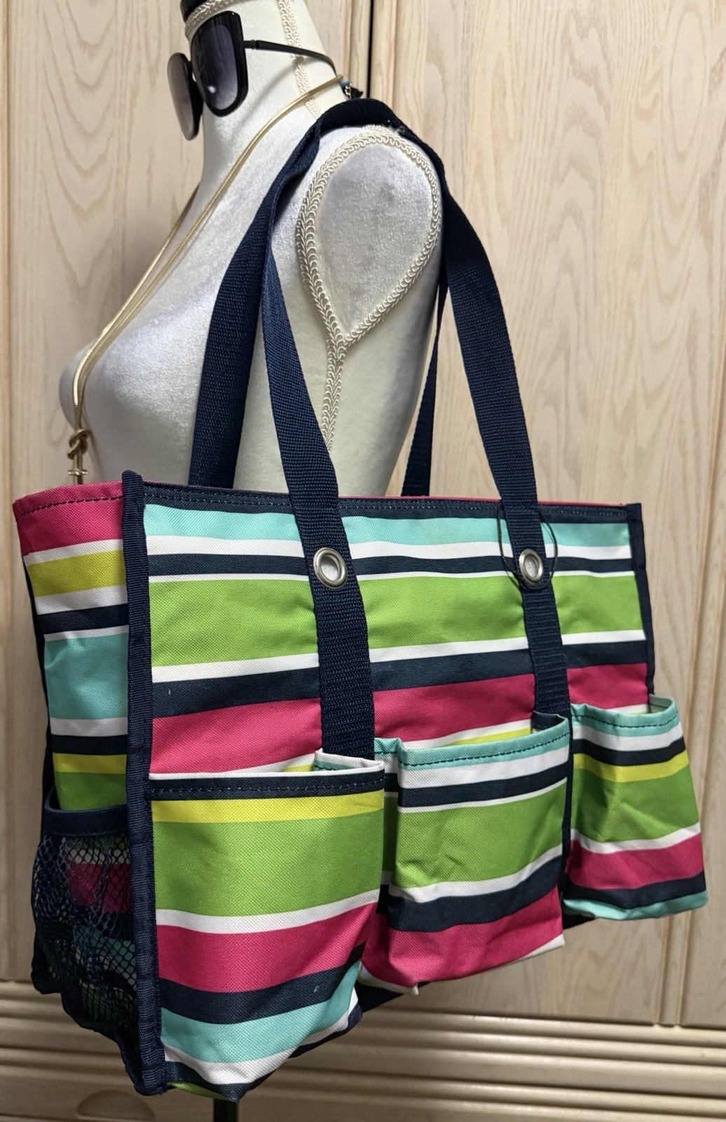 Thirty One Zip Top Organizing Utility Tote in Preppy Pop Stripes Colorful. New.