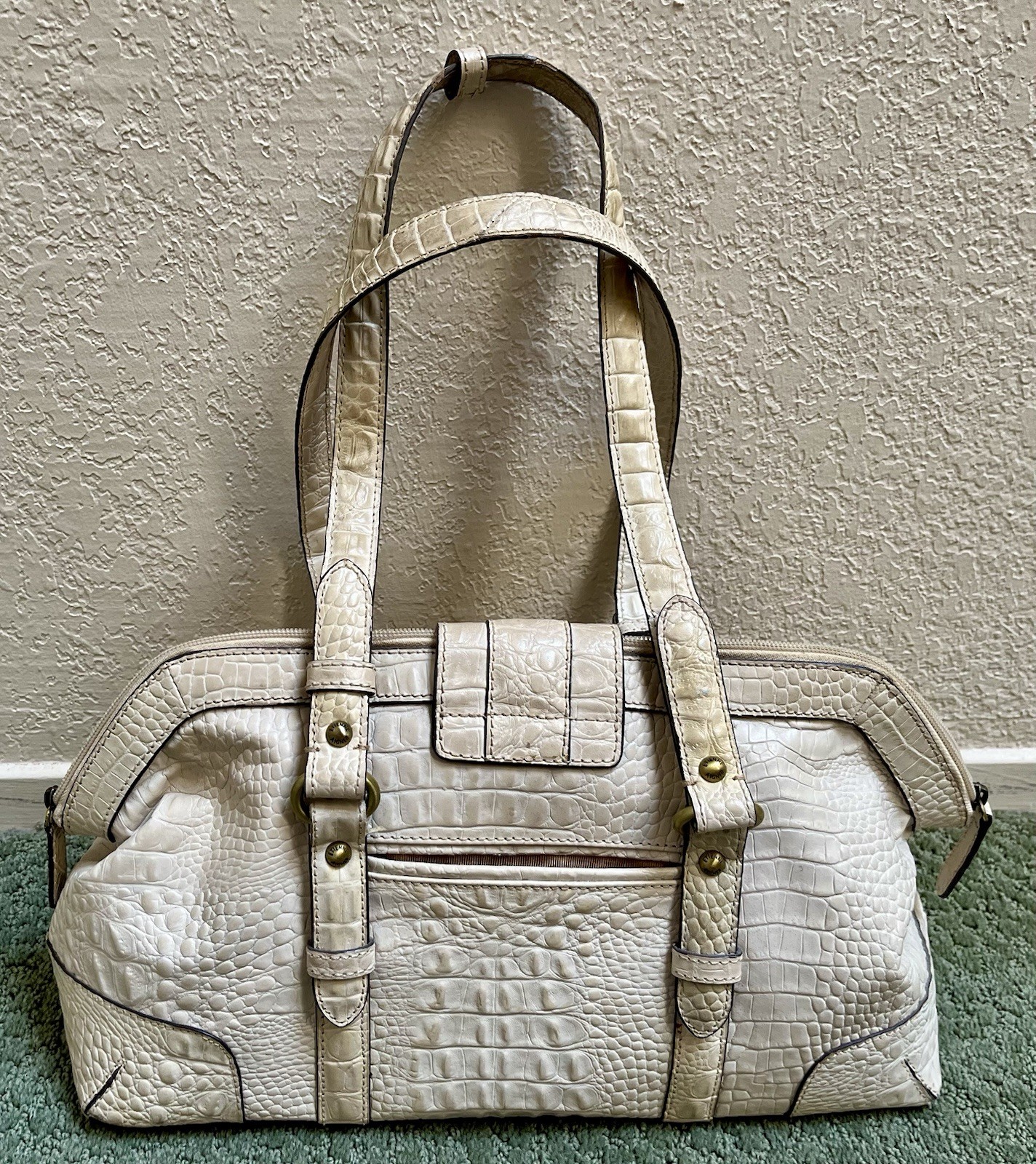 Etienne Aigner Classic Croc Embossed Ivory Leather Satchel Purse Handbag Casual