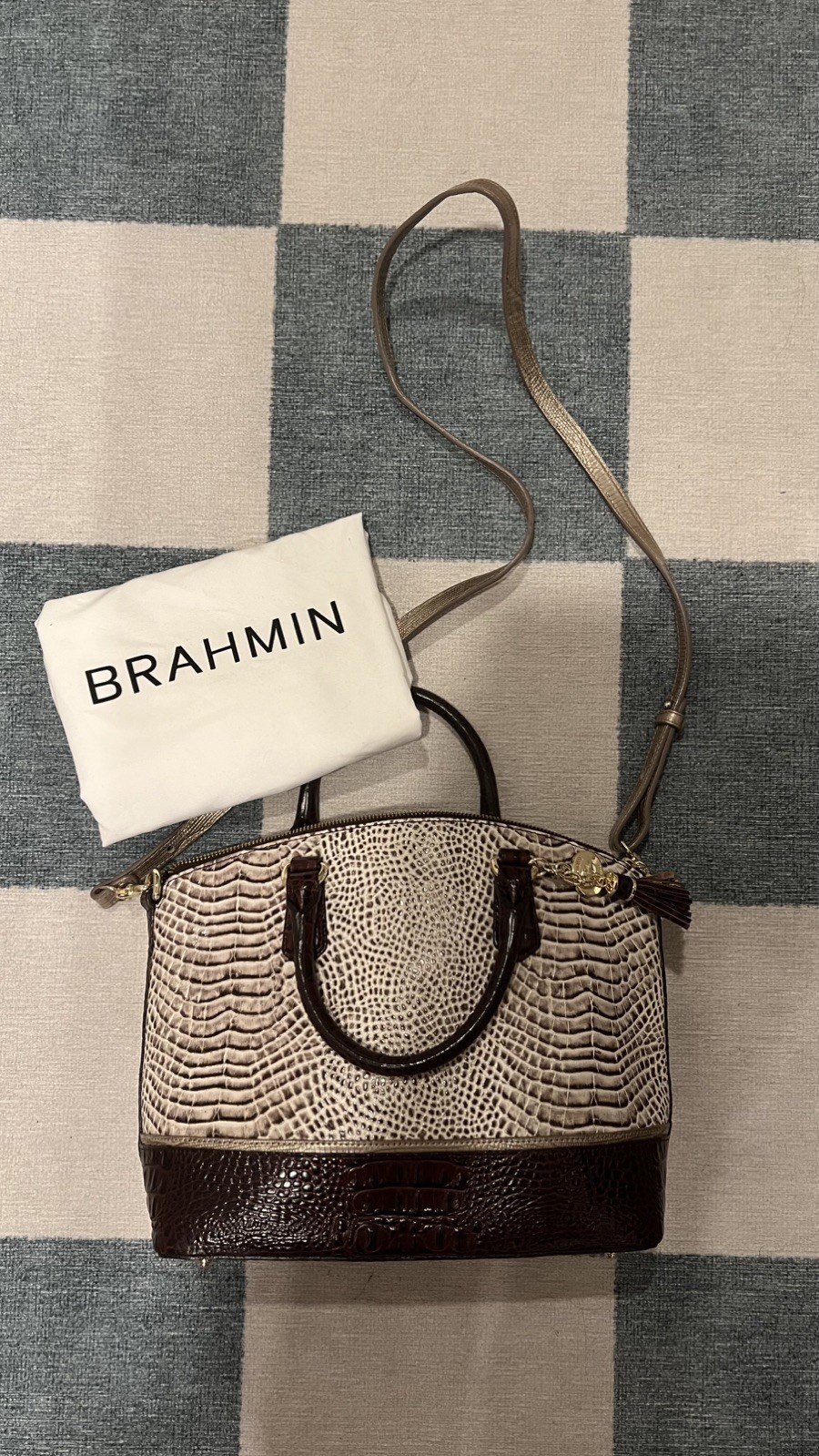 Brahmin Croc Embossed Leather Satchel Cream Brown New Dust Bag