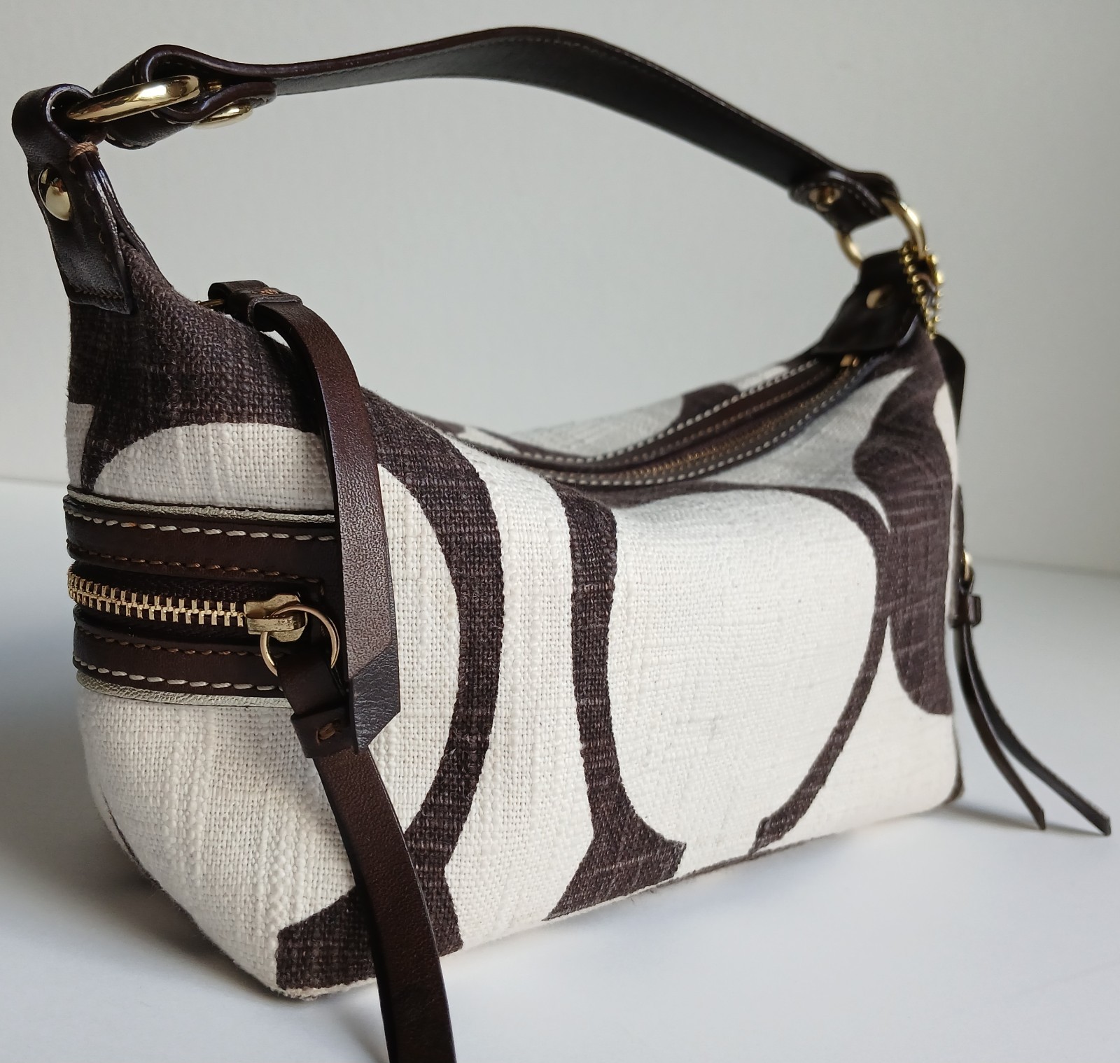 Coach Legacy Signature Linen Carly Hobo Mini Bag Purse Cream & Chocolate Brown