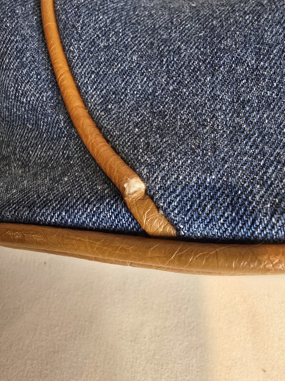 Longaberger Denim Tote Bag Faux Leather Trim Shoulder Purse Pockets Blue Tan Vtg