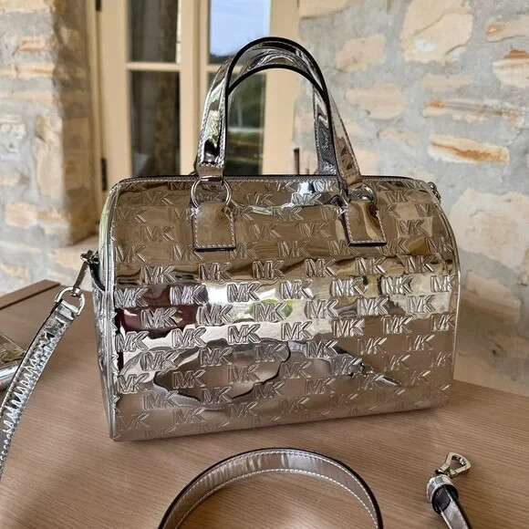 Michael Kors Mason Medium Duffel Satchel Bag Metallic Silver + Double Zip Wallet