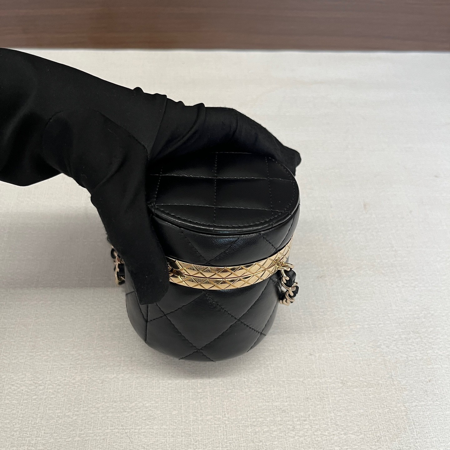 Chanel 22K Mini Black Gold Lambskin Leather Crossbody Cosmetic Bag US Ship