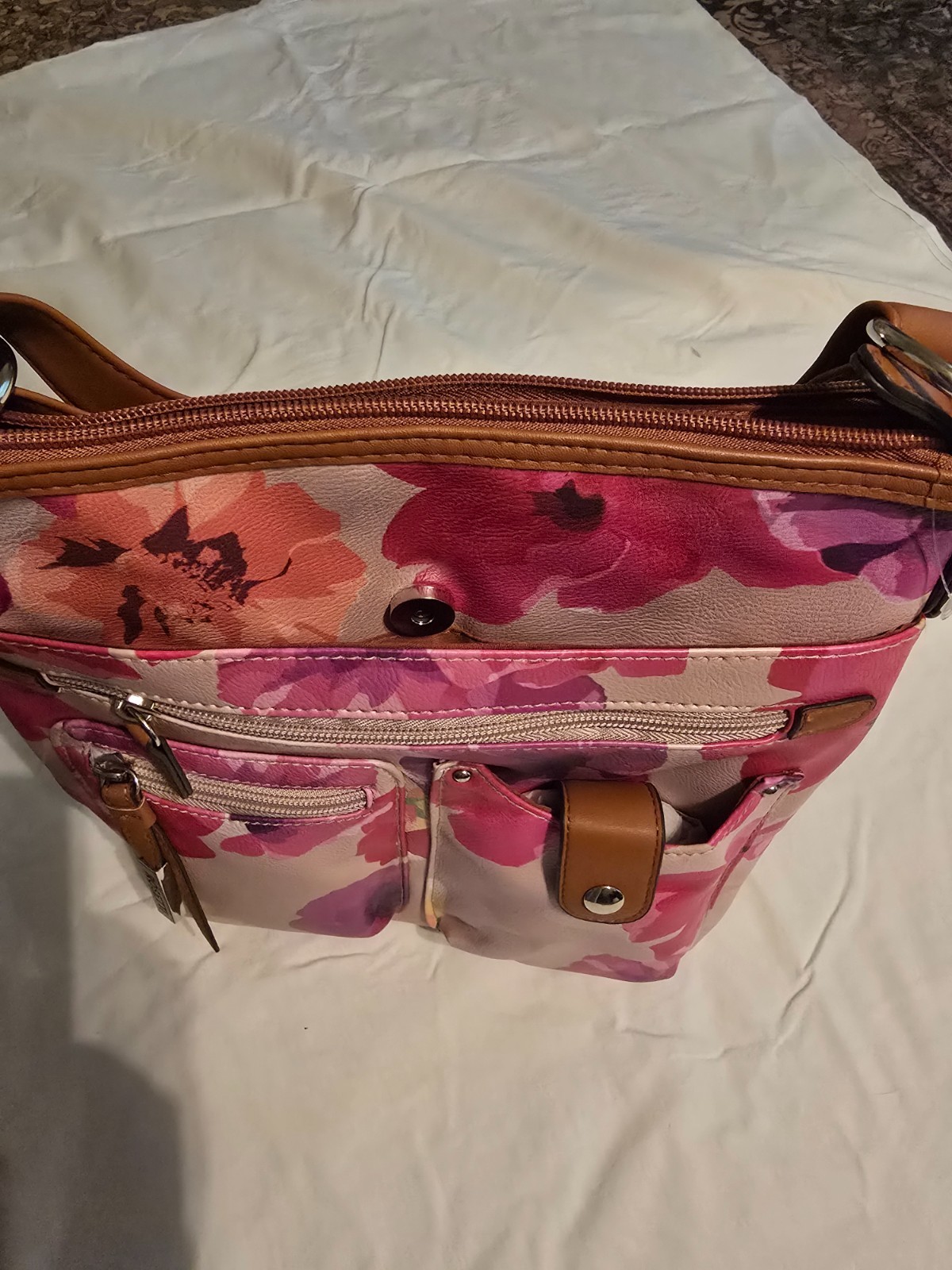 Rosetti new Floral Crossbody Bag NWOT pink purple multipocket faux leather purse
