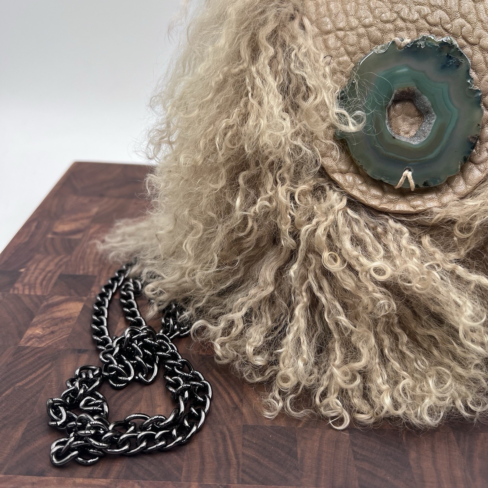 Evoke Real Lamb Mongolian Curly Fur Leather Purse Agate Stone Crossbody Chain