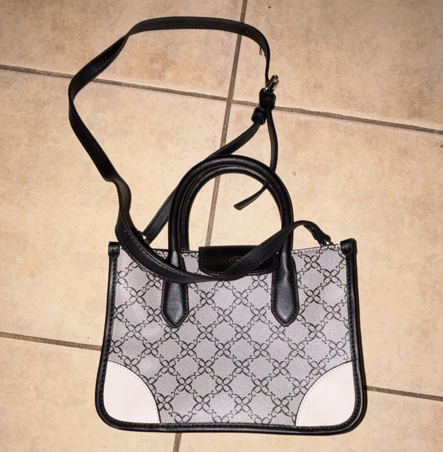 Women’s Gray/Black/White Logo Small Satchel Top Handle Zip Adj Strap Silver