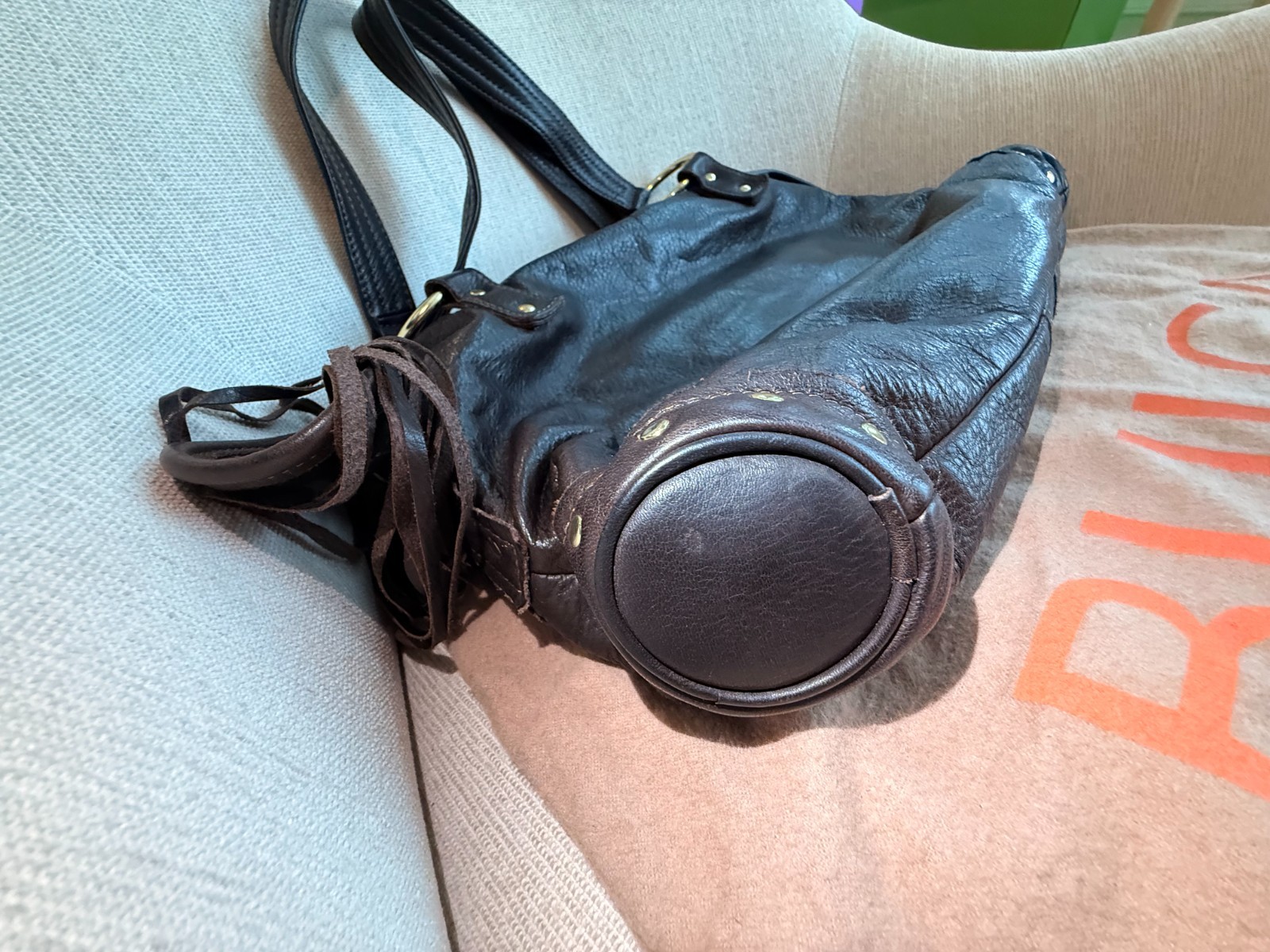 BULGA Dark Brown Studded Leather Shoulder Bag (With Dust Bag)