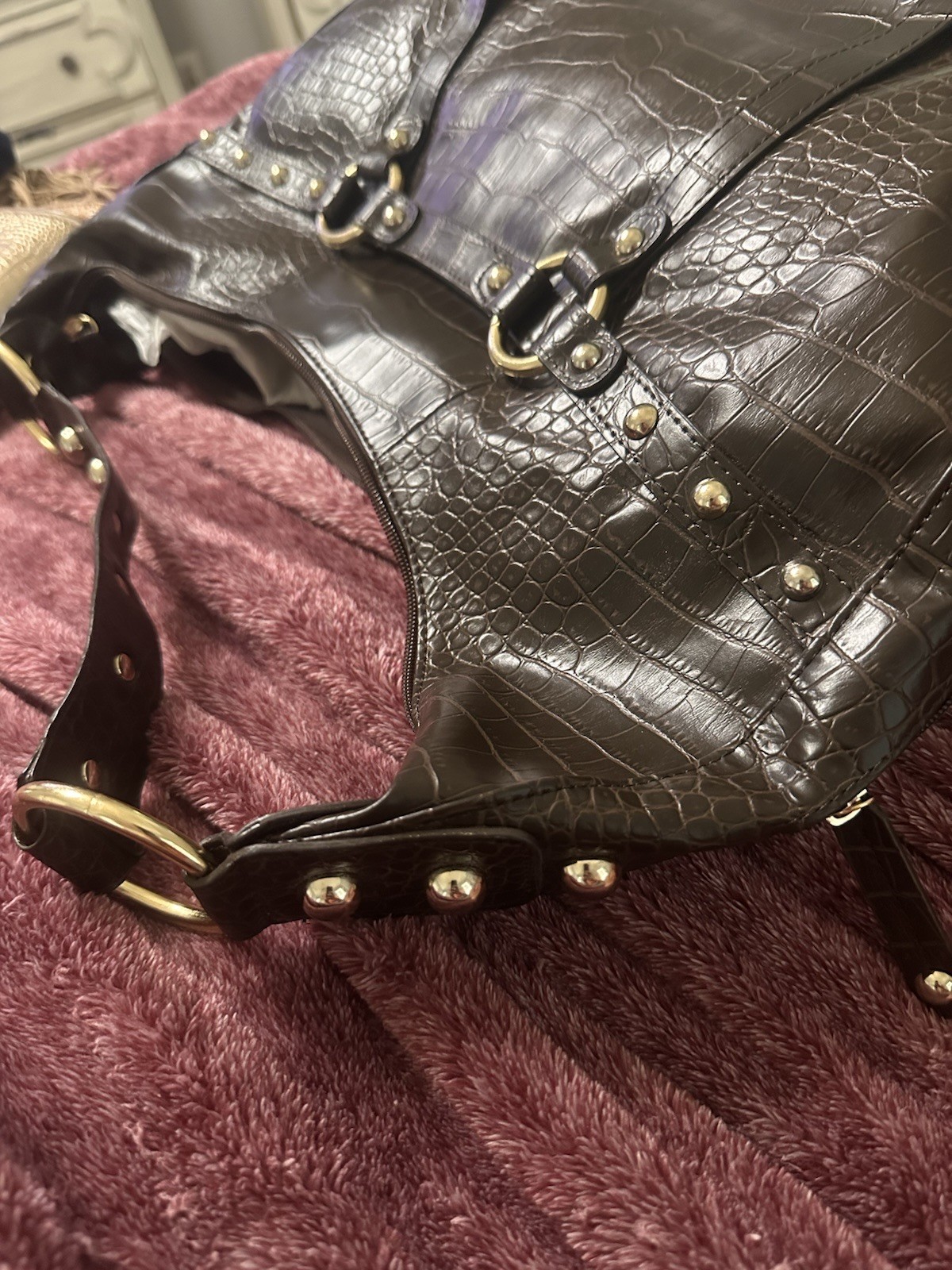 New 90s Brown Boho Croc Embossed Hobo Shoulder Bag Satchel Gold Hardware