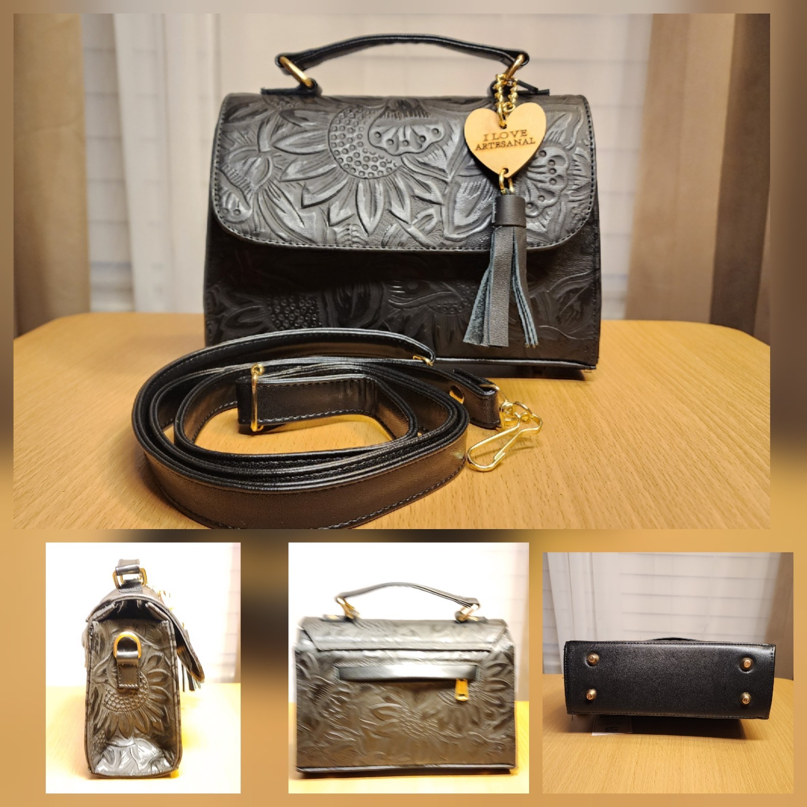 Black Sunflowers Embossed Tooled Artisan Leather Crossbody Handbag Purse