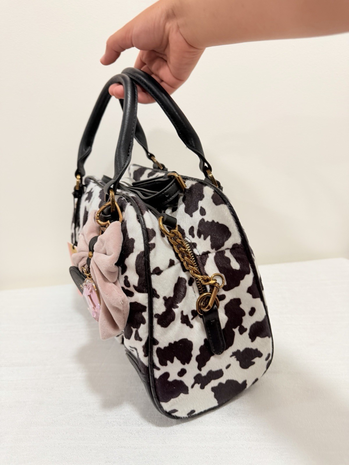 Juicy Couture Romance Cow Print Satchel In Liquorice W/Charm & Strap Viral New