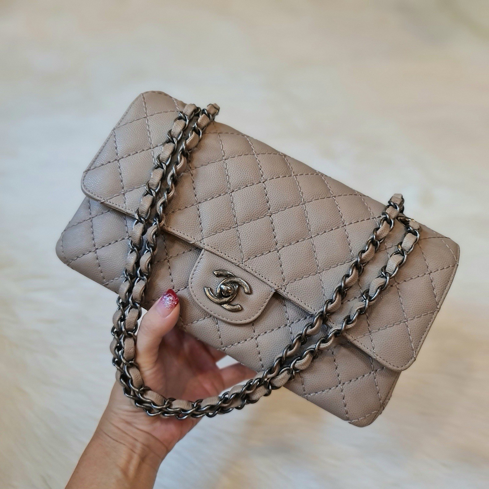 Chanel Classic Medium Double Flap Bag Beige Caviar Ruthenium Hardware 2017
