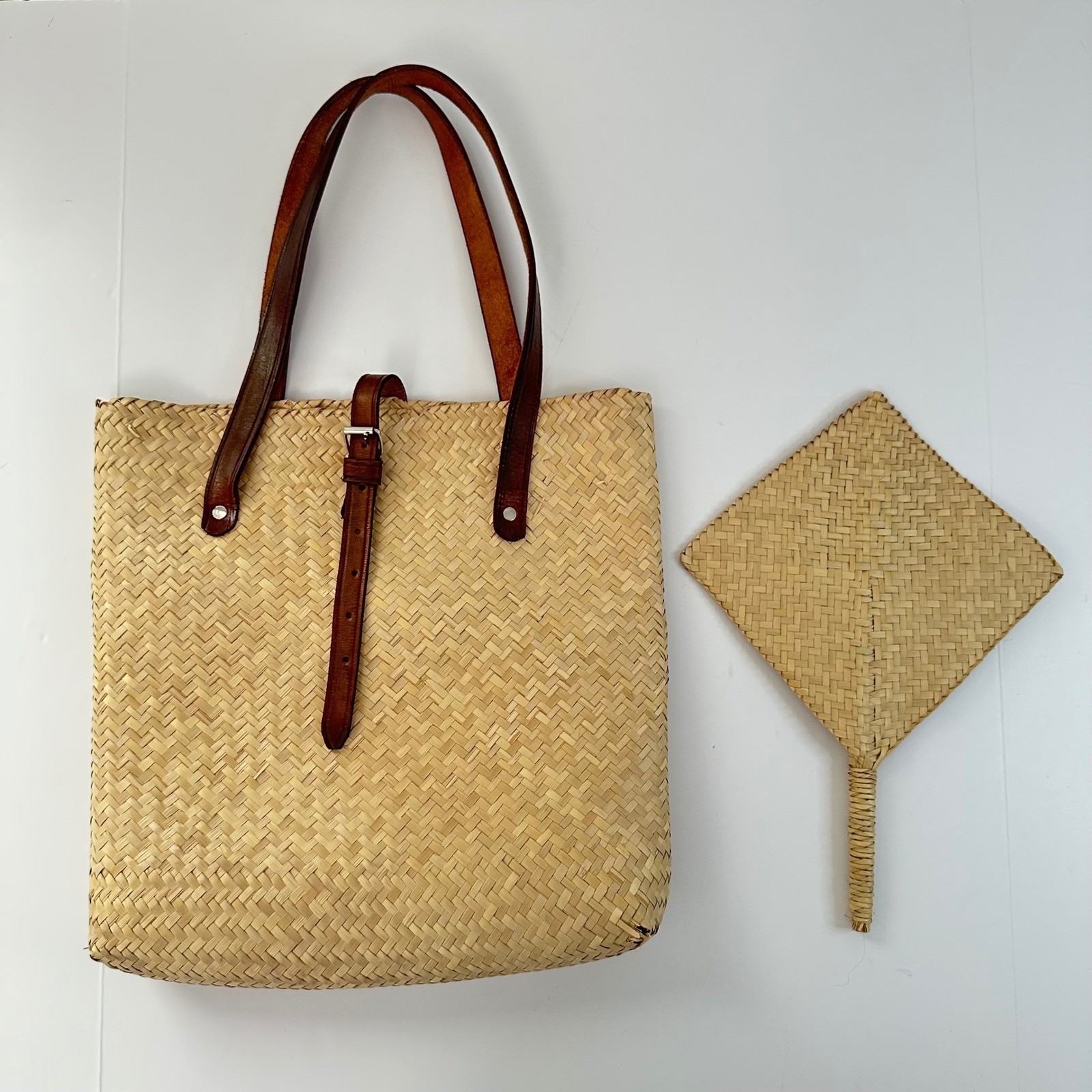 Woven Straw Tote Bag Large Beige Leather Straps w/ Fan Set Boho Coastal Beachy