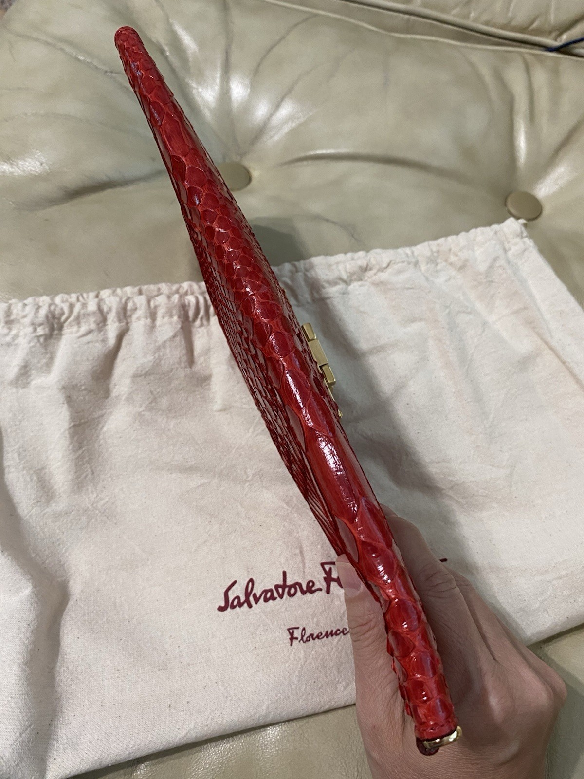 Rare Salvatore Ferragamo LARGE Python Clutch Evening Bag Leather Red Lock Key