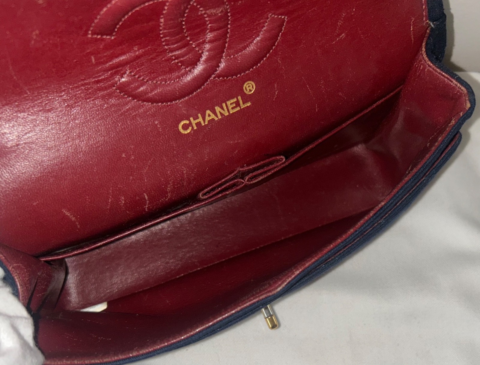 CHANEL Vintage Medium Classic Double Flap Jersey Quilted Handbag Navy / 24K Gold