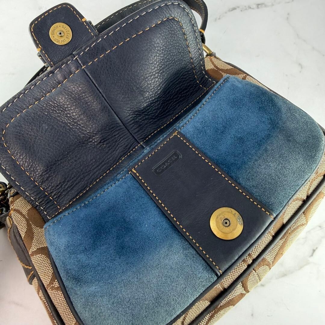 Coach Soho Signature Blue Brown Canvas Suede Buckle Shoulder Bag 7061 Y2K