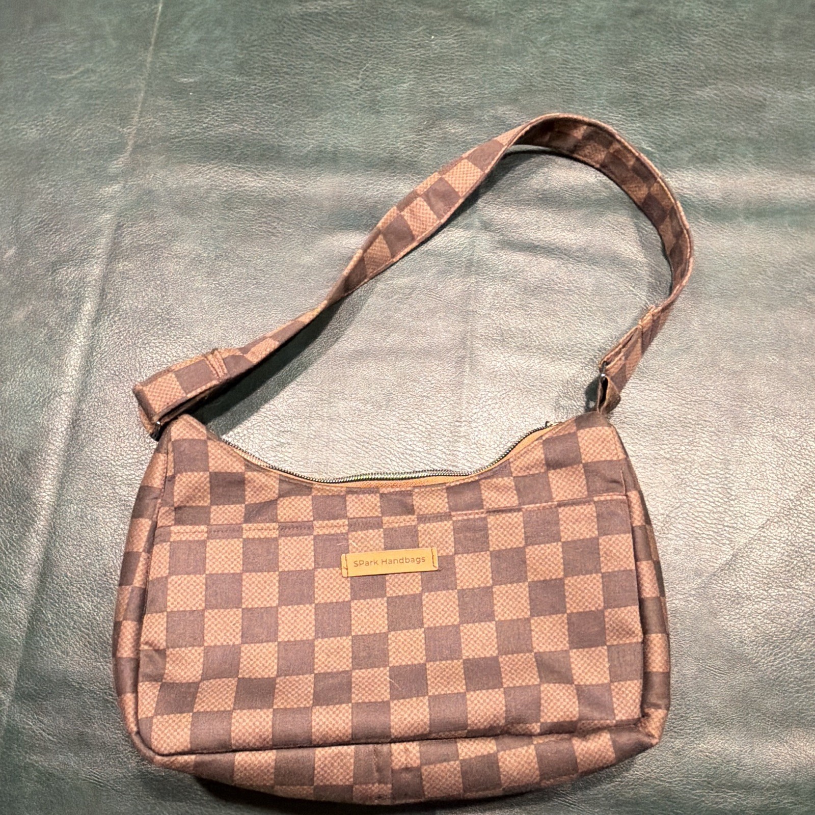 SPark Handbags Brown Checkered Shoulder Bag Zip Closure Inner & Outer Pockets