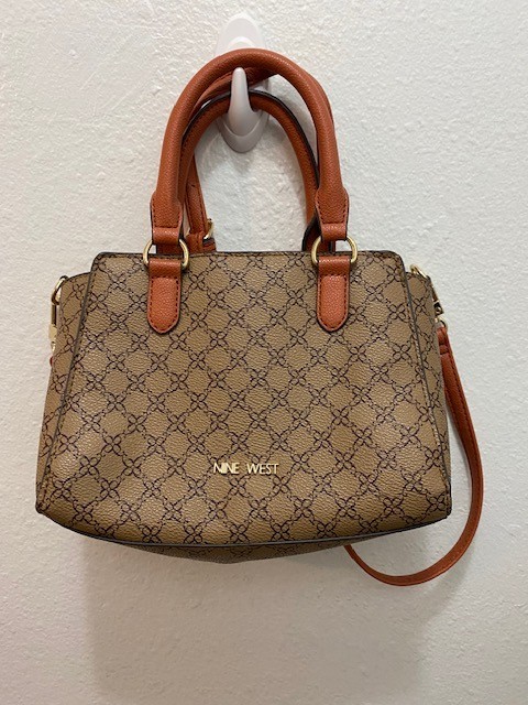 Nine West Small Signature Print Satchel Crossbody, Purse, Woman’s Bag, Brown