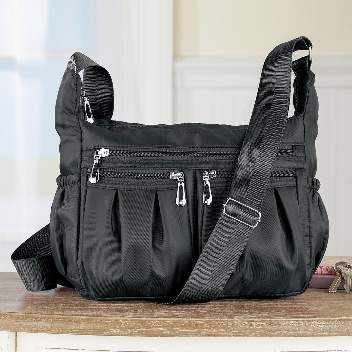 Multi-Pocket Nylon Handbag, Black