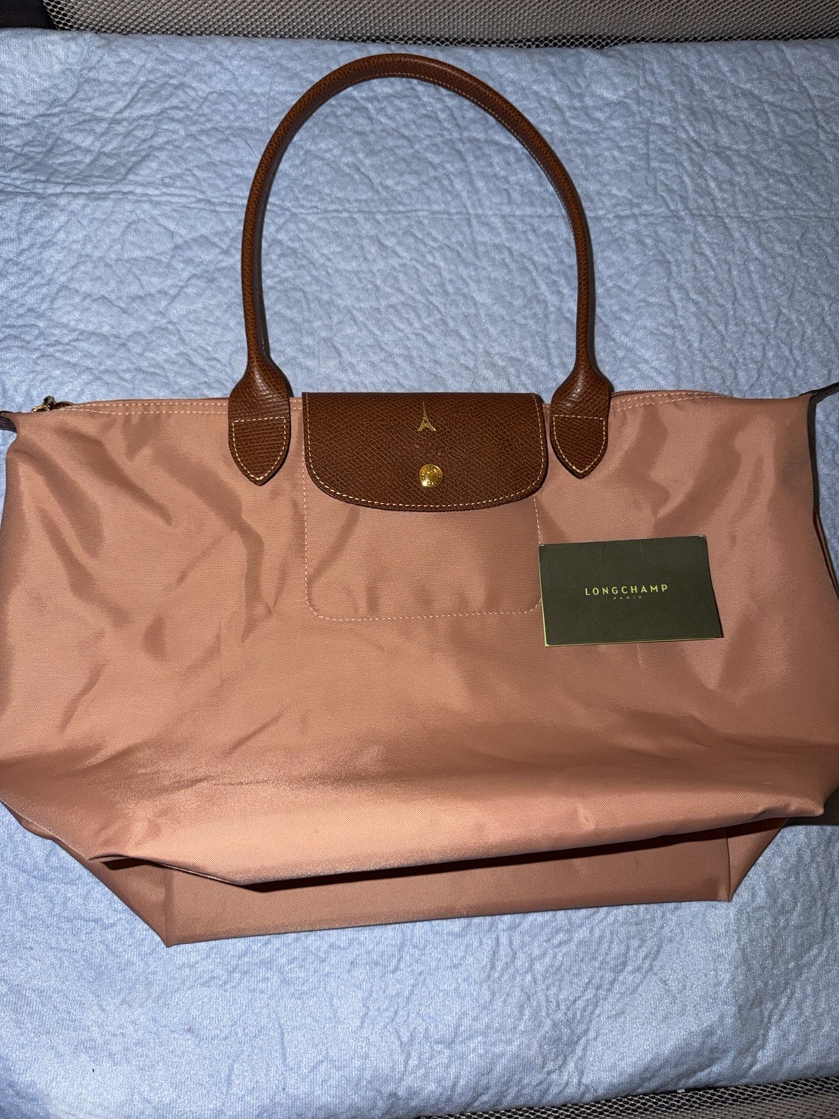 Longchamp Le Pliage Foldable Pink Tote Zip/Snap Brown Leather Handles Gold
