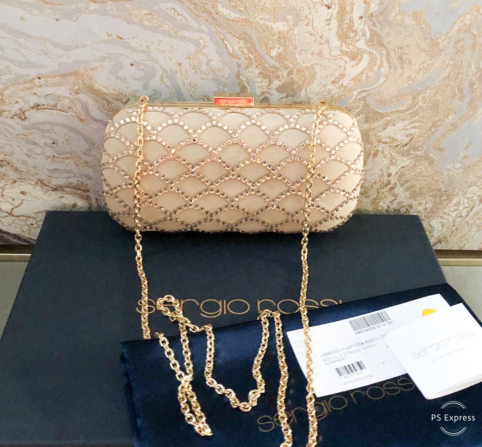 Sergio Rossi Suede Crystal Embellished Chain Clutch