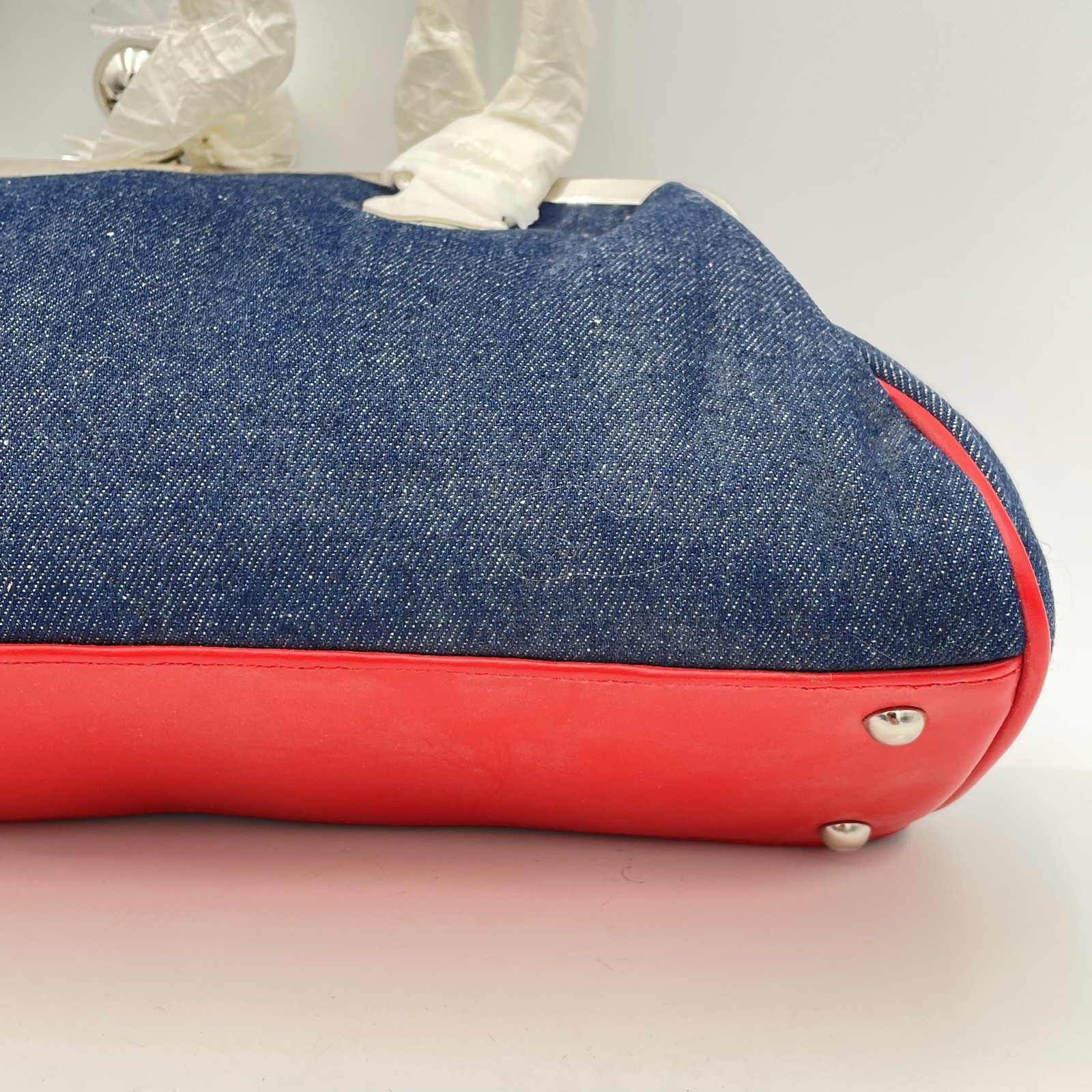 euroWellness Denim Satchel Handbag Studded Kiss Lock Top Handle Blue Red White