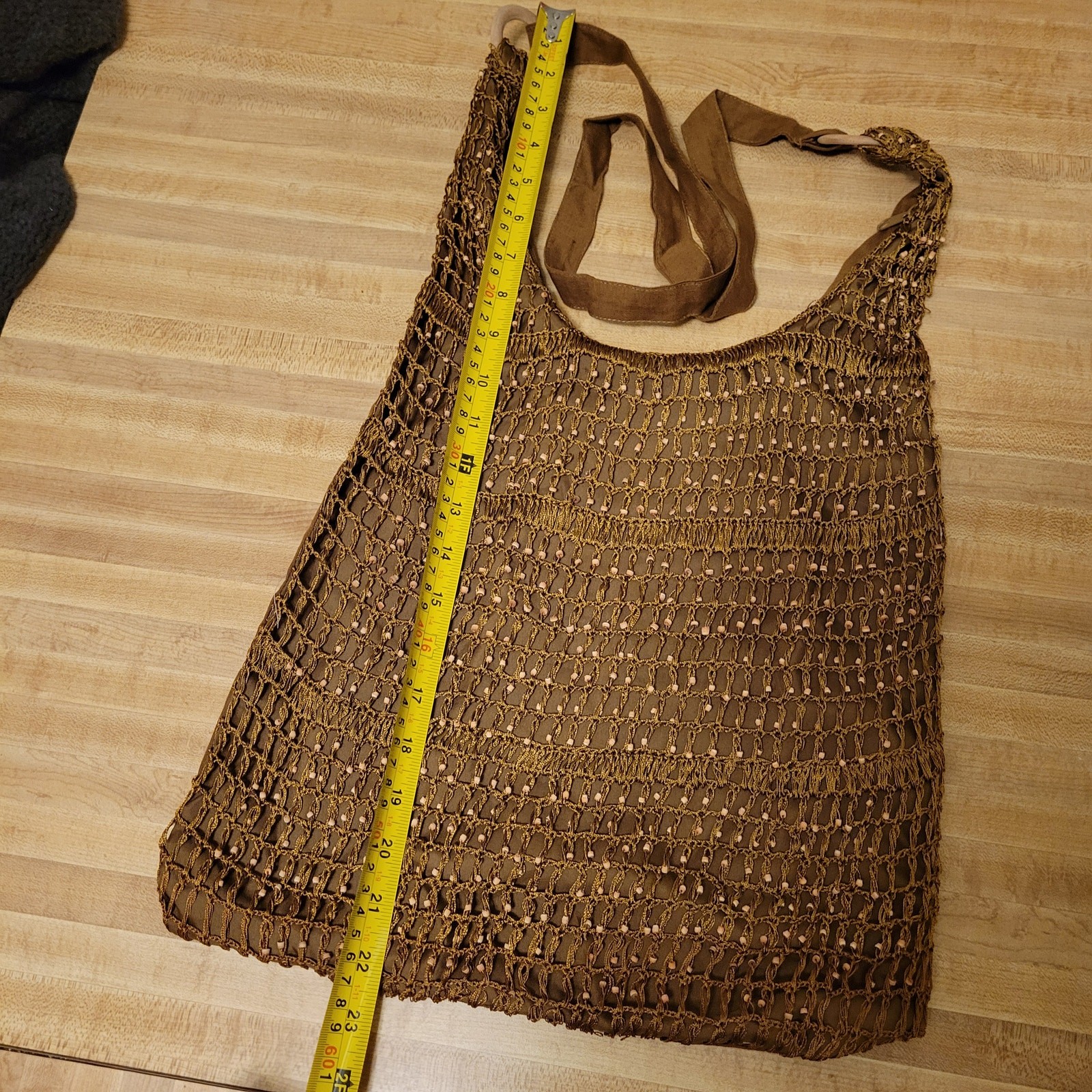 Beaded Crochet Shoulder Cross-body Bag Boho Brown Woven Tote