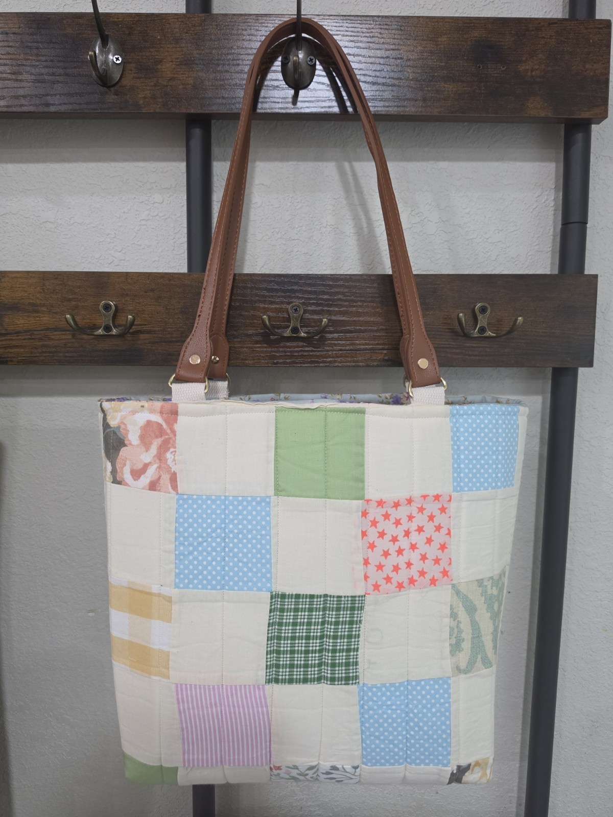 Patchwork Tote Bag Multicolor Floral Lined Blue Brown Leather Double Handles