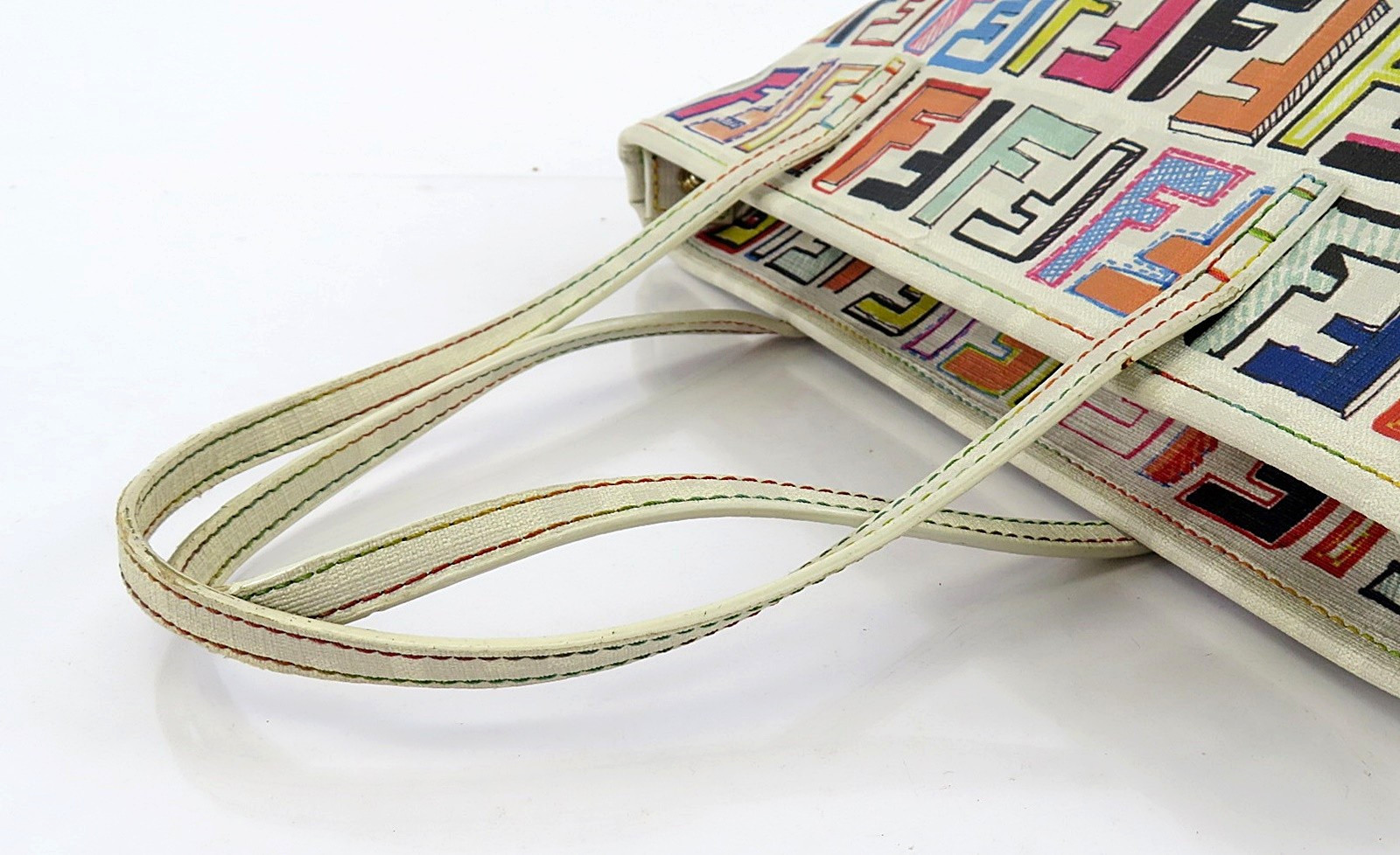 Authentic FENDI White and Multicolors PVC Canvas Tote Bag Purse #64025