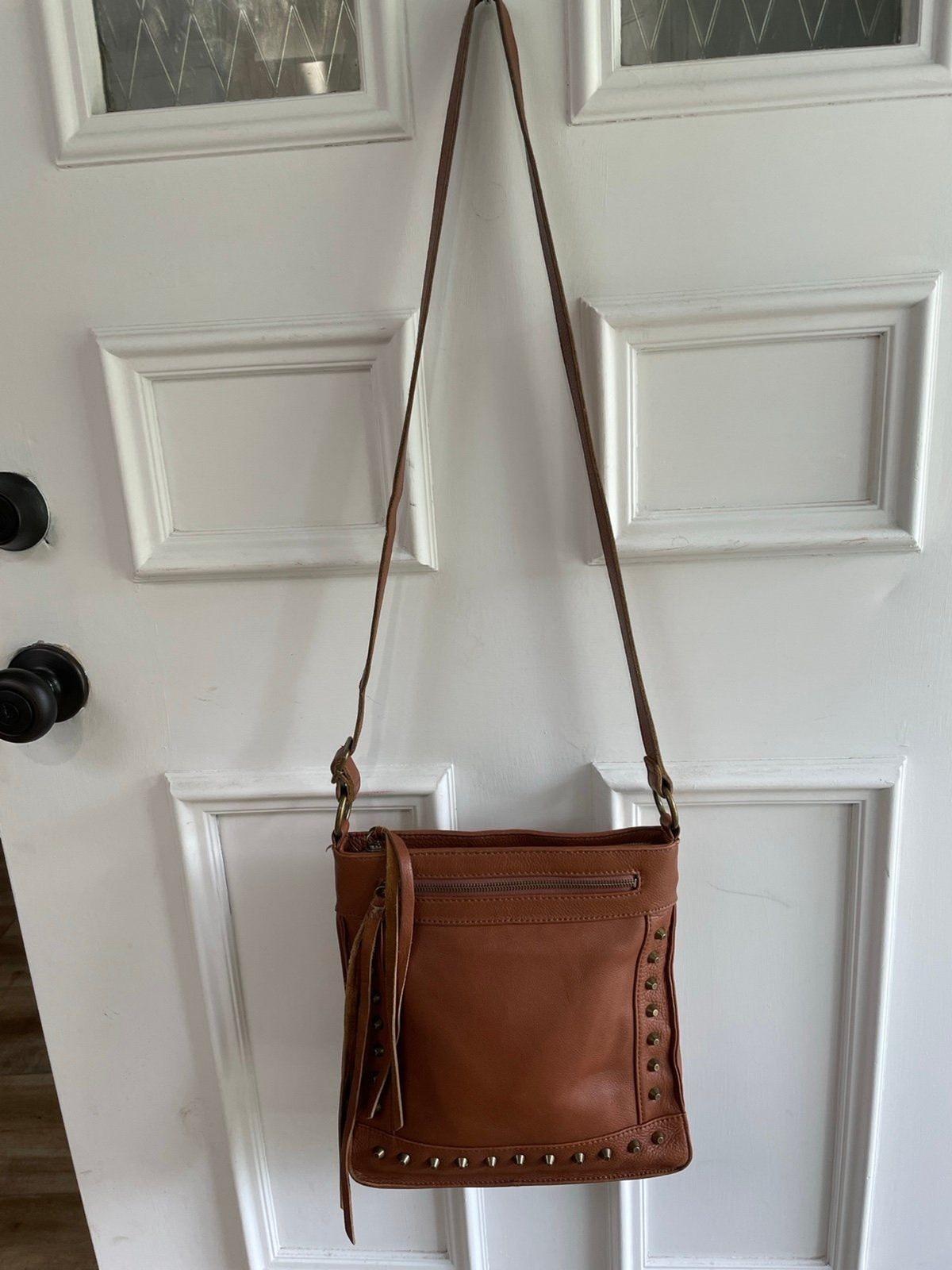 Lucky Brand Studded Vintage Leather Cognac Saddle Bag EUC minor spots inside.