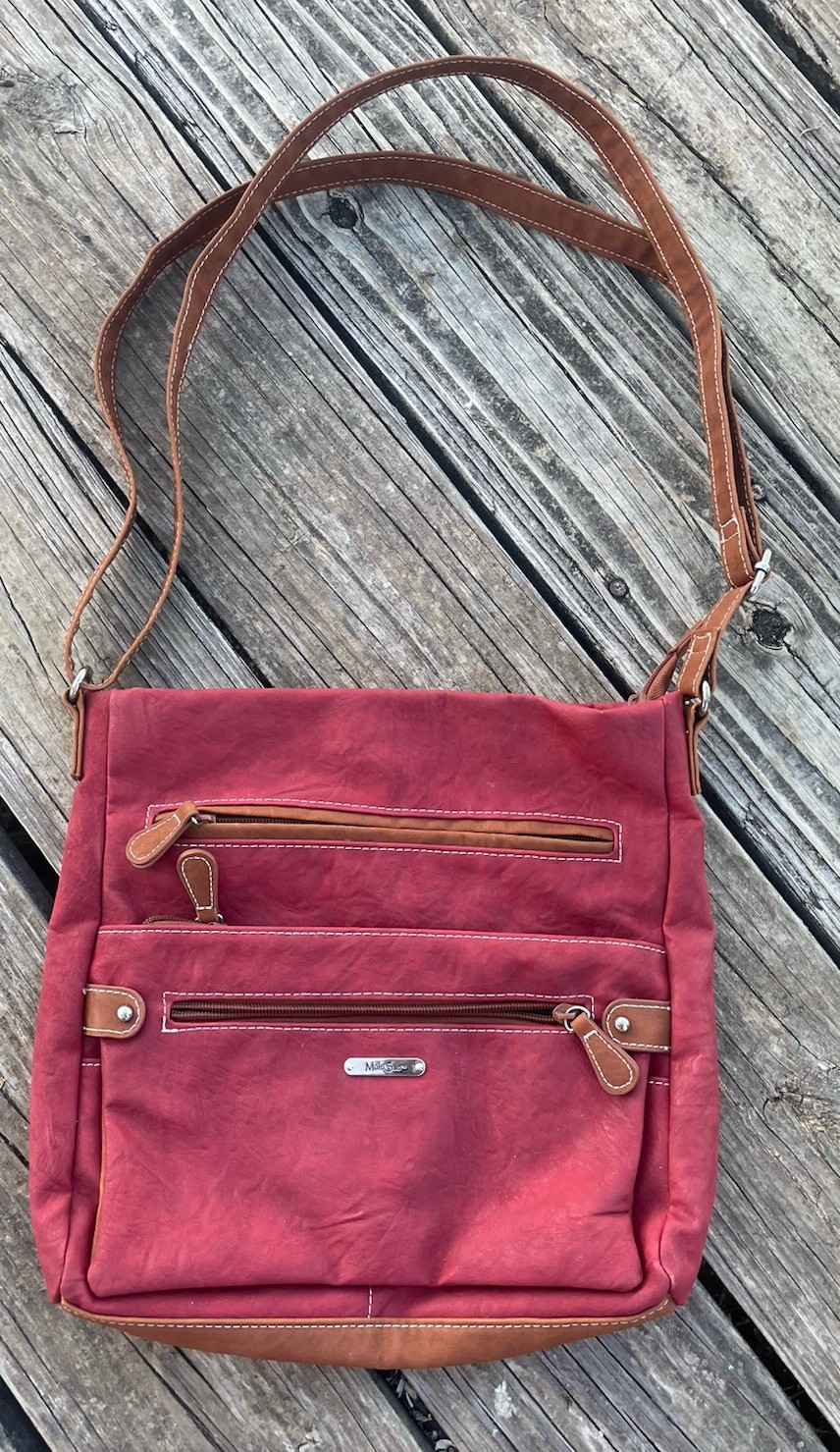 Multi Sac Bag Crossbody Large Red/Burgundy Multiple Zippers Excellent Condition