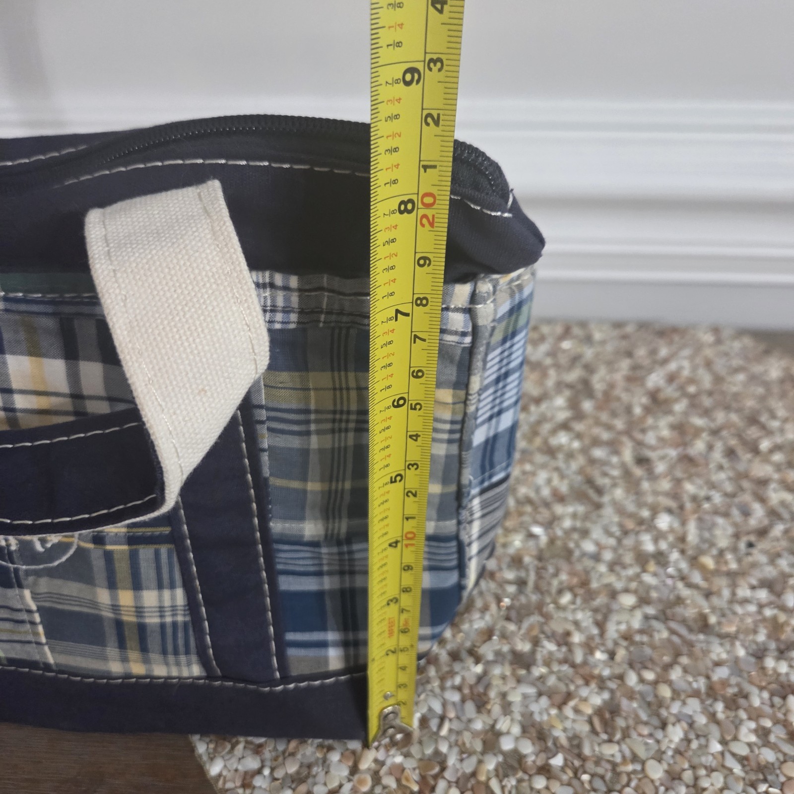 LL Bean Mini Boat & Tote Bag Plaid Patchwork Blue Handles Zip Close 10Lx8Hx4W